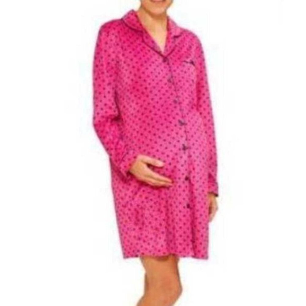 Dream Cafe Maternity Nightgown M Fleece Pink Polka Dot Long Sleeve Pajamas